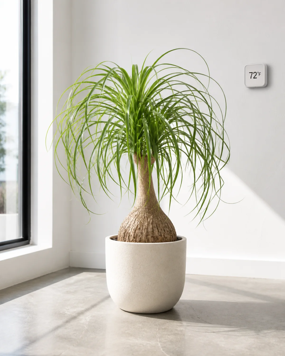 A ponytail palm in a minimalist ceramic pot placed in a dry bright room with a visible thermometer on the wall showing the plant looking healthy in typical indoor conditions no humidity tray needed clean modern interior with white walls and concrete floor