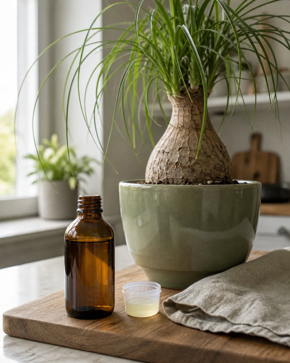 A small bottle of liquid houseplant fertilizer next to a ponytail palm in a sage green ceramic pot with a measuring cap showing diluted pale liquid sitting on a kitchen counter with a wooden cutting board and a linen napkin soft morning light from window