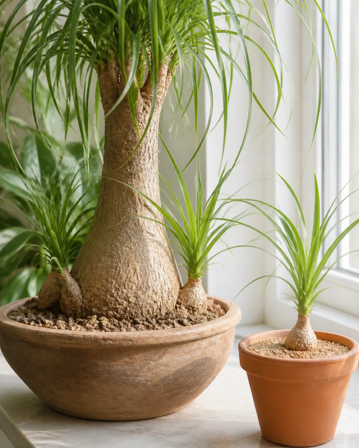 A mature ponytail palm with two small pup offsets growing from the base of its caudex one pup already separated and sitting in a small terracotta pot with dry sandy soil next to the mother plant showing the tiny bulbous base forming on the offset bright natural light