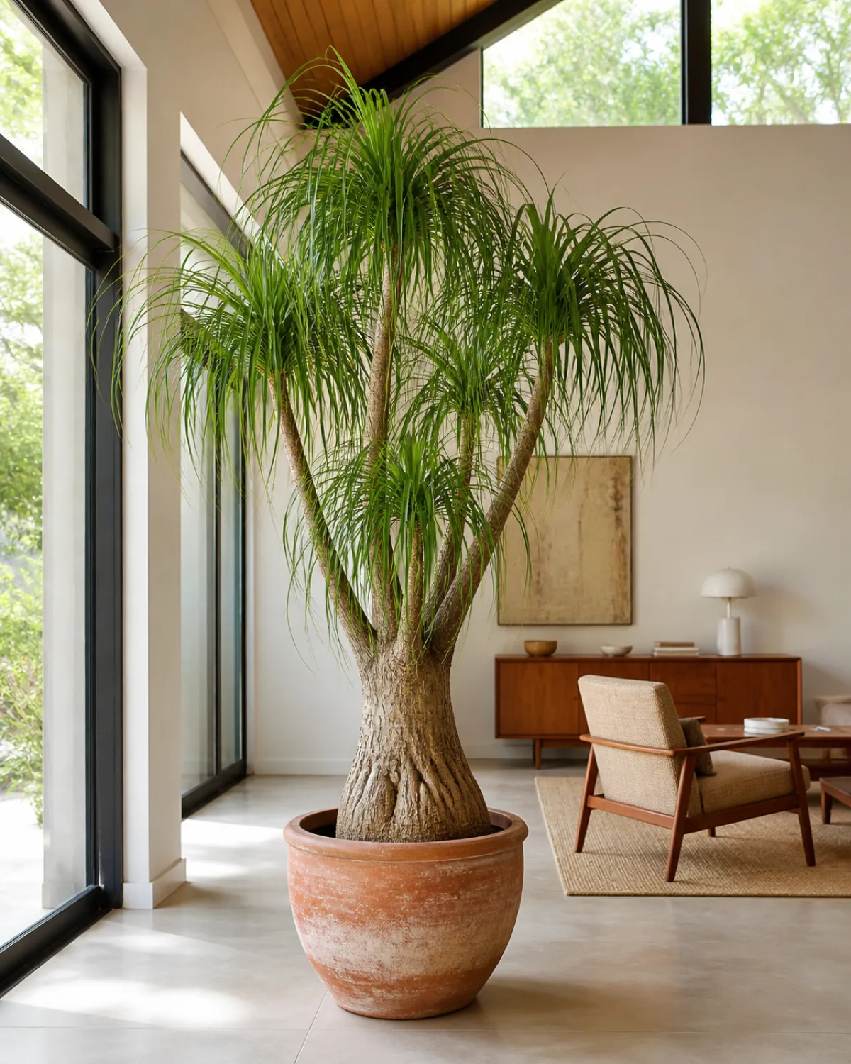 A large mature ponytail palm specimen about four feet tall in an oversized clay pot positioned as a statement floor plant in a bright airy room with high ceilings showing the elongated trunk with multiple branching heads of cascading curly leaves mid-century modern furniture in background architectural interior