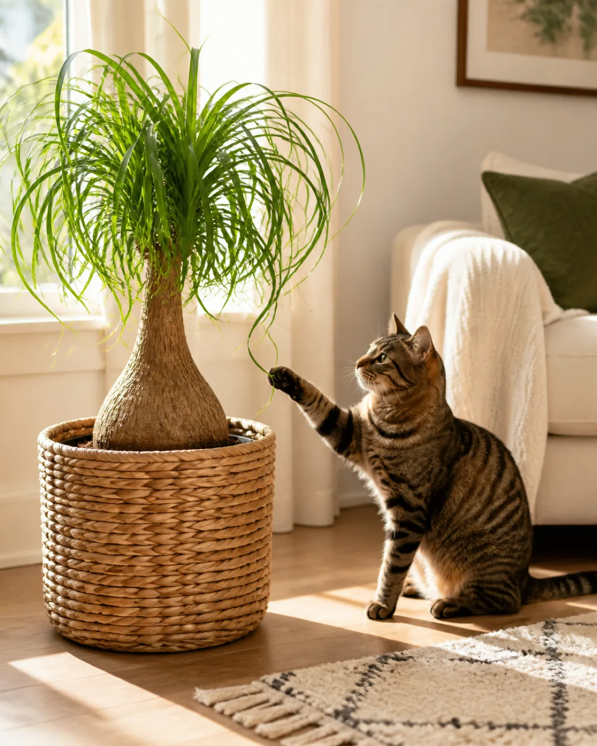 A ponytail palm in a woven basket planter on the floor of a bright living room with a tabby cat sitting calmly next to it one paw playfully batting at a dangling curly leaf tip demonstrating the plants non-toxic safety around pets warm afternoon light cozy interior setting