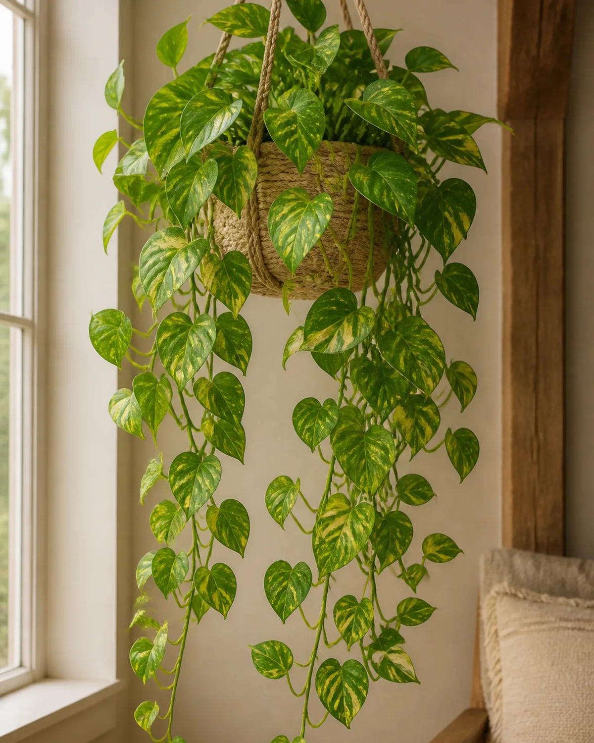 A golden pothos trailing from a hanging macrame planter with long cascading vines showing heart-shaped green leaves splashed with irregular golden-yellow variegation in warm natural window light