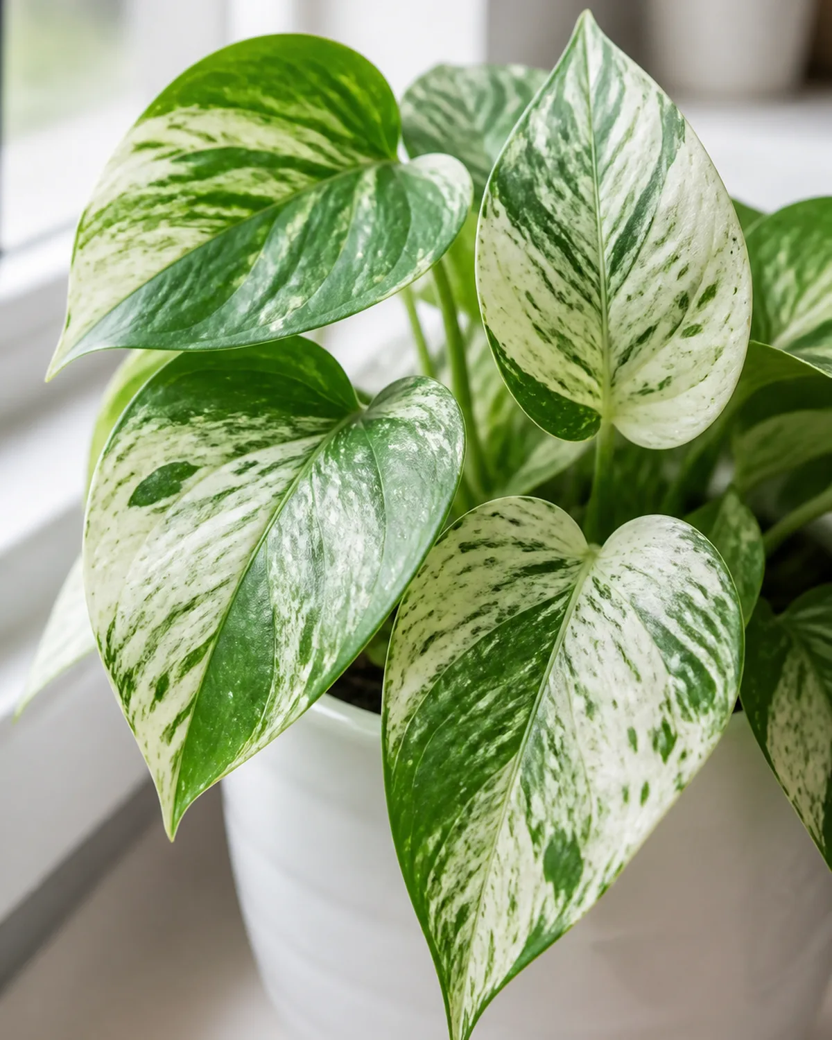 A marble queen pothos in a white ceramic pot on a bright windowsill with soft natural light showing the heavy white-and-green marbling pattern on heart-shaped leaves each leaf displaying a unique ratio of white to green