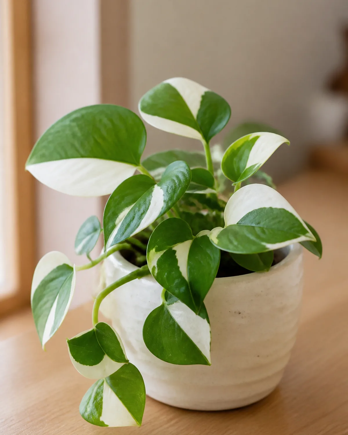 An Njoy pothos in a small ceramic pot on a desk showing distinctly blocky patches of solid green and solid white with sharp defined boundaries between color zones on compact smaller leaves