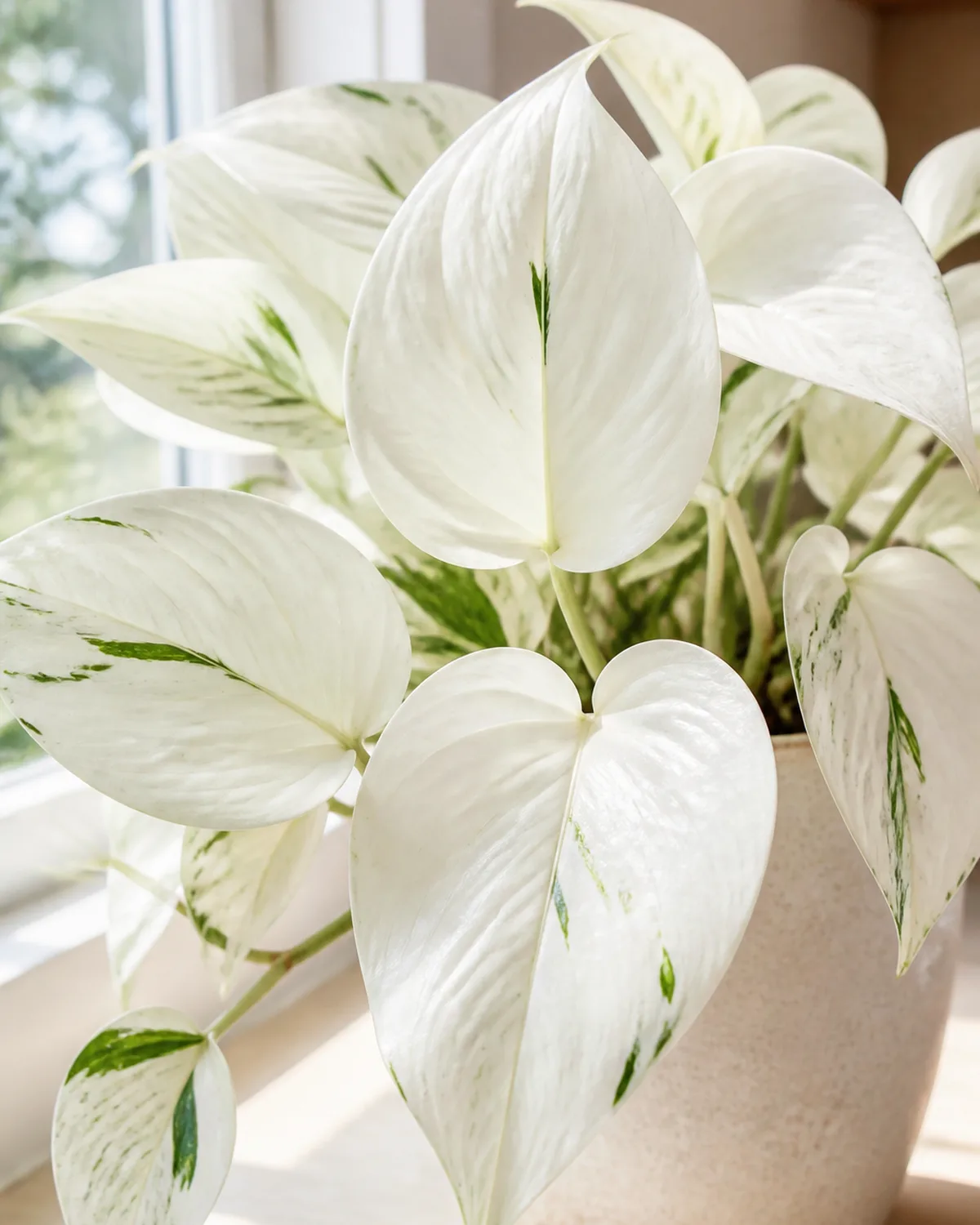 A snow queen pothos with leaves that are eighty to ninety percent white with only small streaks of green in a light-colored pot near a bright window with abundant natural light showing the dramatic nearly albino variegation