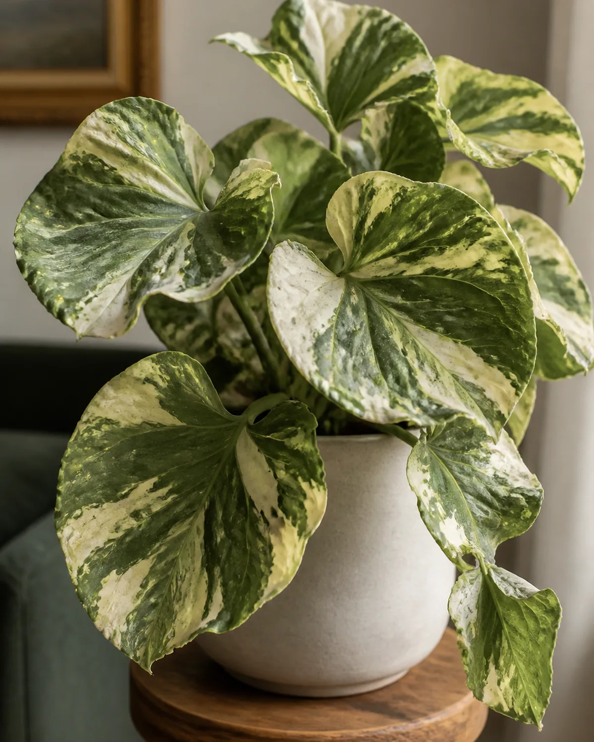 A manjula pothos highlighting wide rounded heart-shaped leaves with wavy ruffled edges showing three-tone color pattern of cream silver-green and dark green swirled together in soft pastel tones in an elegant ceramic pot