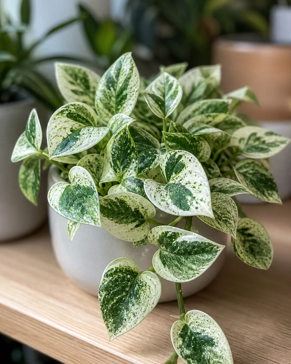 A pearls and jade pothos close-up showing the signature speckled pattern with green patches containing lighter green and white speckling inside them on small compact leaves trailing from a pot on a shelf