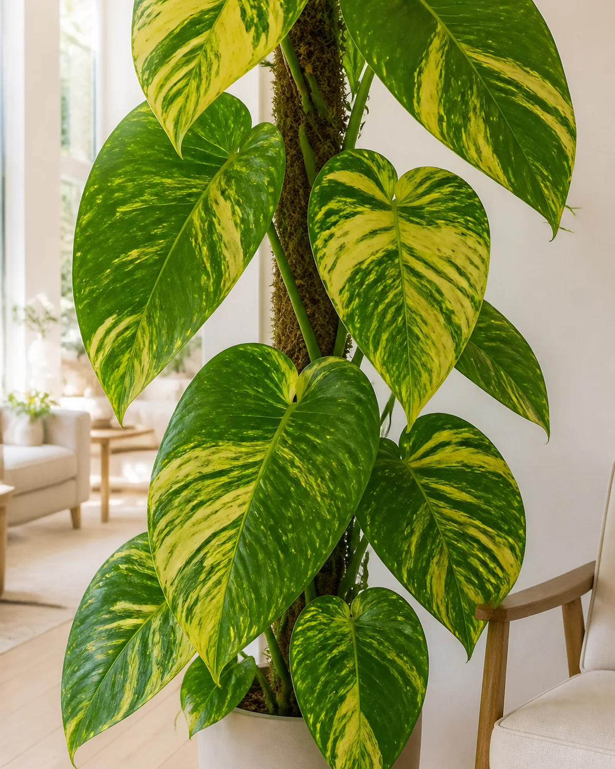 A hawaiian pothos with oversized golden-variegated leaves twelve or more inches across climbing a tall moss pole in a floor pot in a bright room showing the dramatic scaled-up version of golden pothos variegation