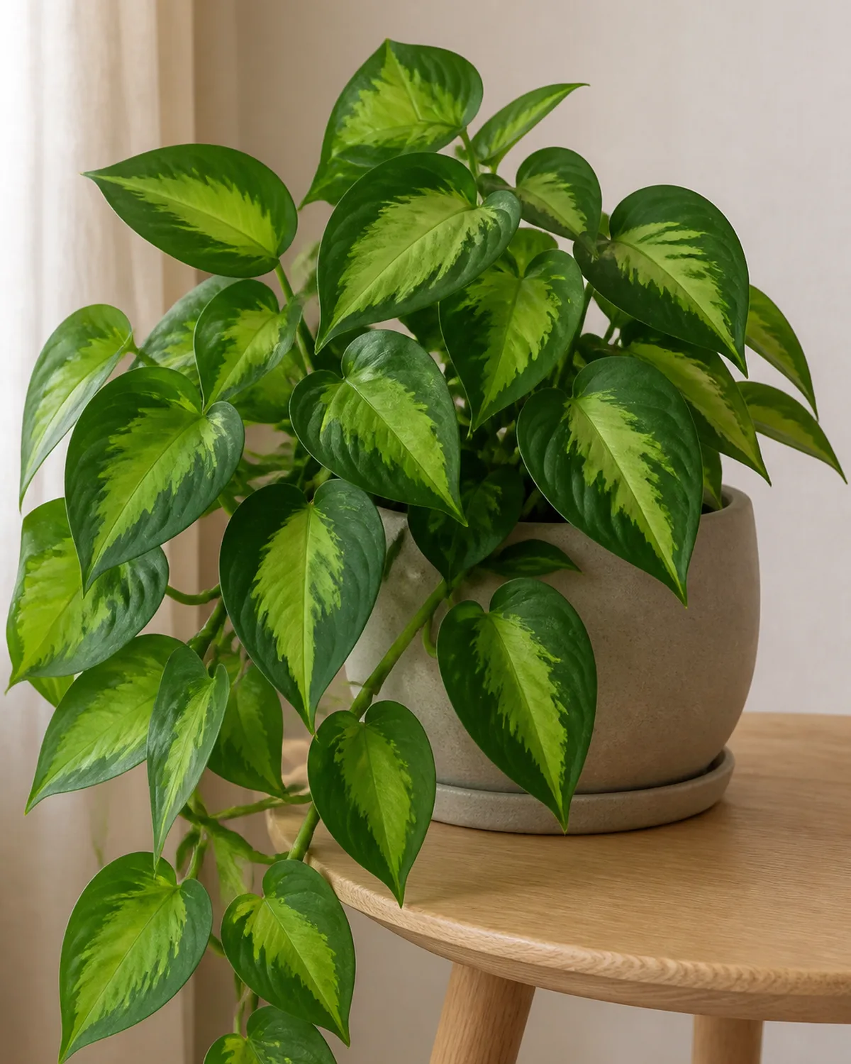 A global green pothos showing the distinctive green-on-green pattern with dark green leaf margins surrounding a lighter lime-green center in a neutral-toned pot on a side table in a naturally lit room