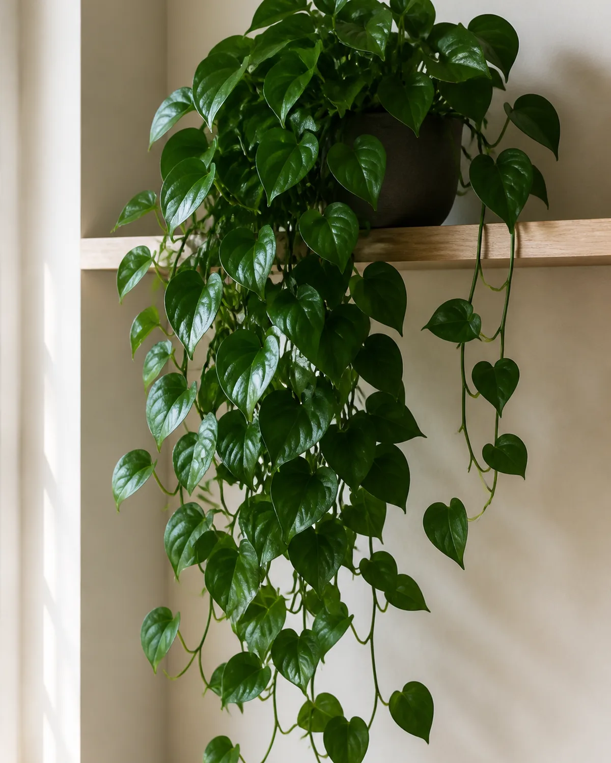 A jade pothos with pure solid dark green glossy heart-shaped leaves trailing down from a high shelf or hanging planter showing dense lush growth with the deep uniform green color looking rich and intentional