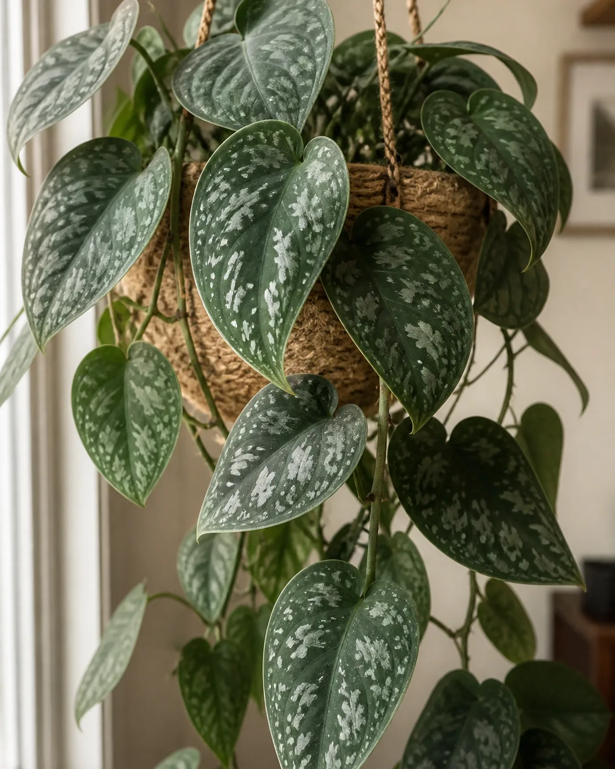 A satin pothos Scindapsus pictus with dark green matte velvety leaves covered in irregular silvery-metallic spots trailing from a hanging planter showing the distinctive matte texture and silver spotting