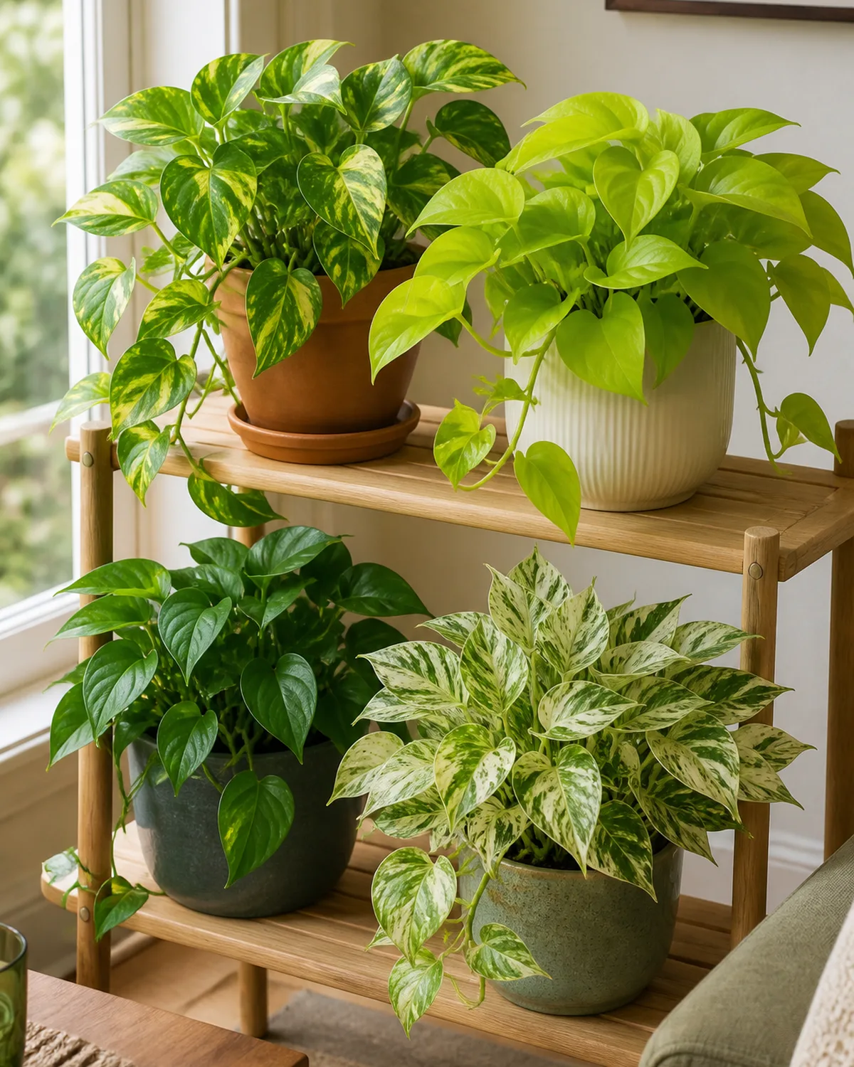 A styled arrangement of three to four different pothos varieties together on a shelf or plant stand including a golden a neon and a marble queen in different but coordinated pots with natural window light showing the visual range of the genus
