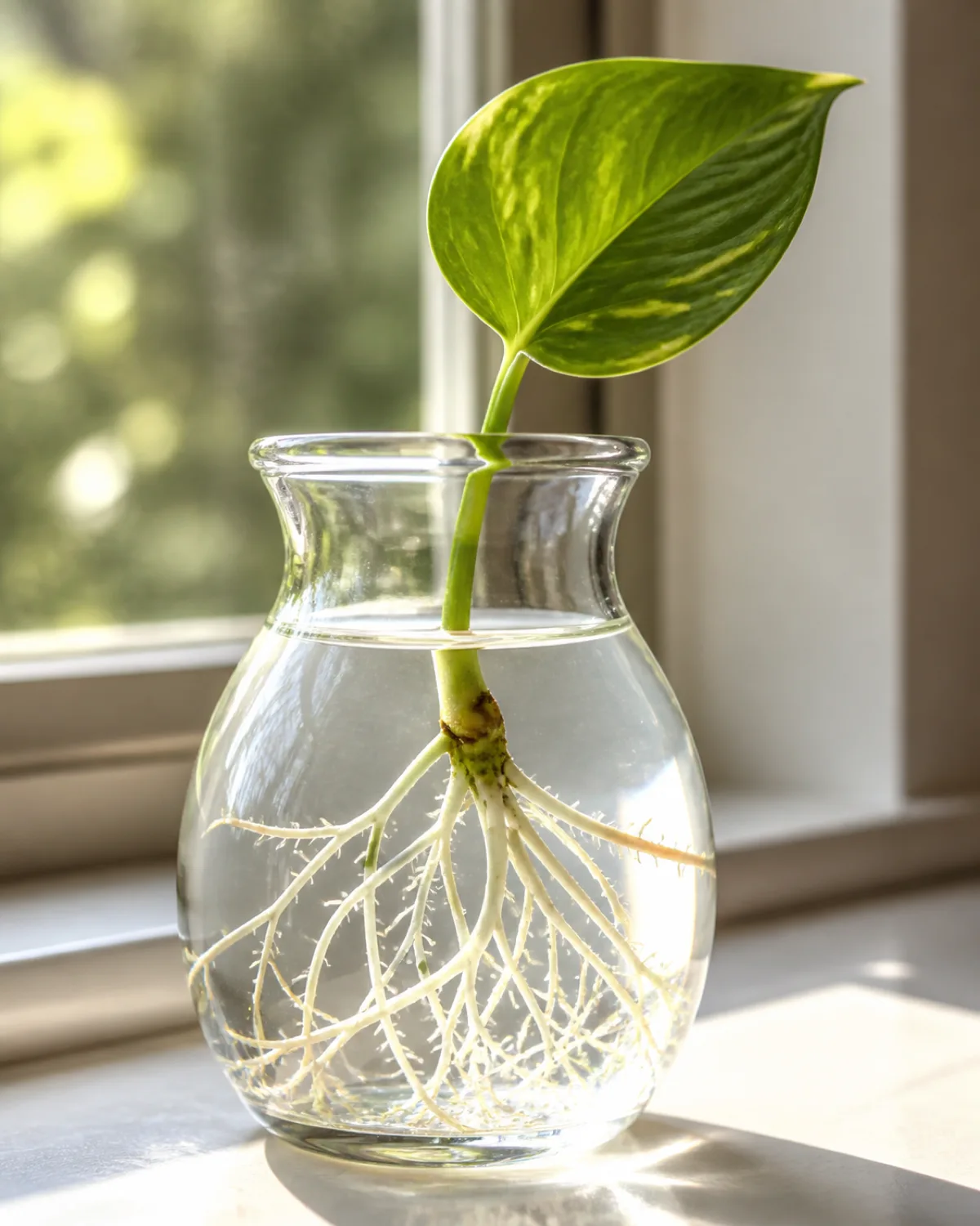 A close-up of a single clear glass propagation vessel on a bright windowsill with a pothos cutting showing white roots spreading in the water with fine root hairs catching the light and a single green heart-shaped leaf above the water line in warm natural backlight