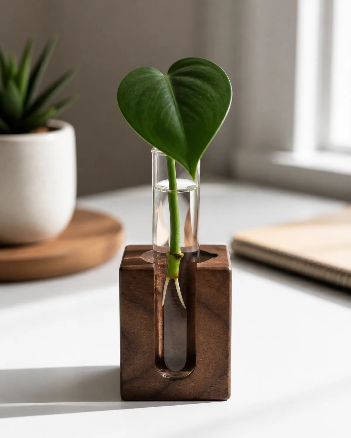 A single glass test tube sitting in a hand-carved walnut wood block stand on a clean white desk with one philodendron heartleaf cutting showing a visible node submerged and two small white roots emerging from the node and one dark green heart-shaped leaf rising above the tube opening