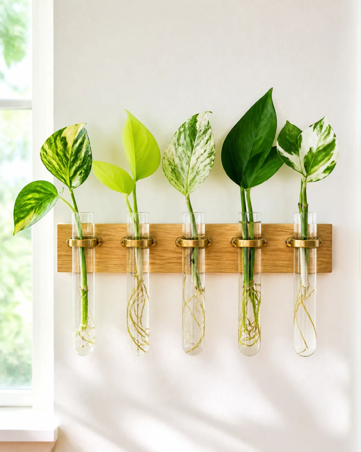 A handmade light oak wood wall rack with five glass test tubes held in a row by small brass clamps each tube filled with clean water and a different pothos cutting creating a color gradient from golden to neon to marble queen to jade to Njoy mounted on a clean white wall at eye level next to a window