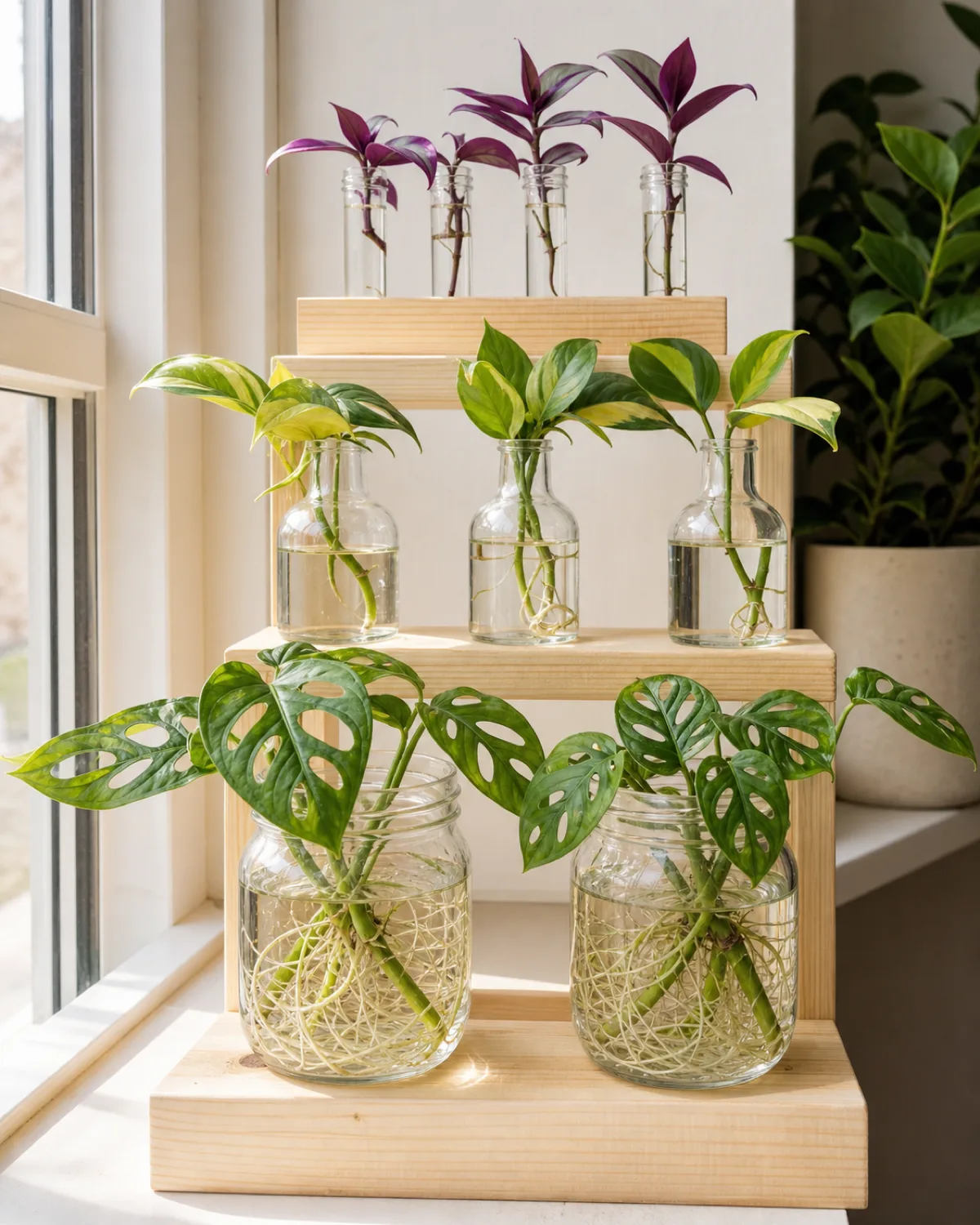 A three-tier stepped wooden shelf station on a bright windowsill with the bottom tier holding two large mason jars with monstera adansonii cuttings showing extensive root systems and the middle tier with three medium glass bottles holding philodendron Brasil cuttings and the top tier with four small test tubes in a wood block each holding a tradescantia cutting