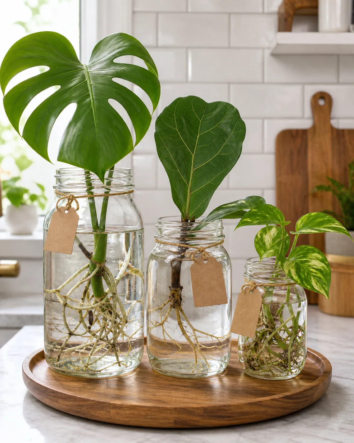 Three different-sized mason jars grouped on a round wooden tray on a kitchen counter a large quart jar with a monstera deliciosa cutting showing thick white aerial roots a medium pint jar with a fiddle leaf fig cutting with a single large leaf and thin new roots and a small half-pint jar with a pothos cutting and established root ball