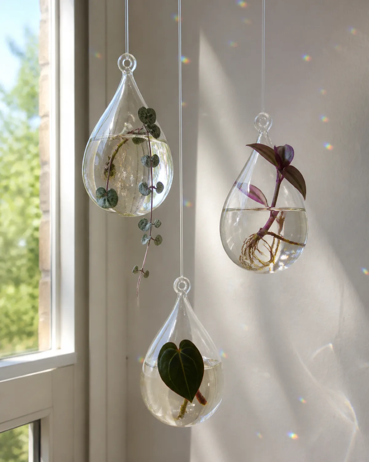 Three clear glass teardrop-shaped hanging globes suspended at staggered heights from thin transparent fishing line near a bright window each globe about four inches in diameter filled with clean water and a delicate cutting with afternoon sunlight streaming through the globes creating small rainbow light refractions on the white wall behind them