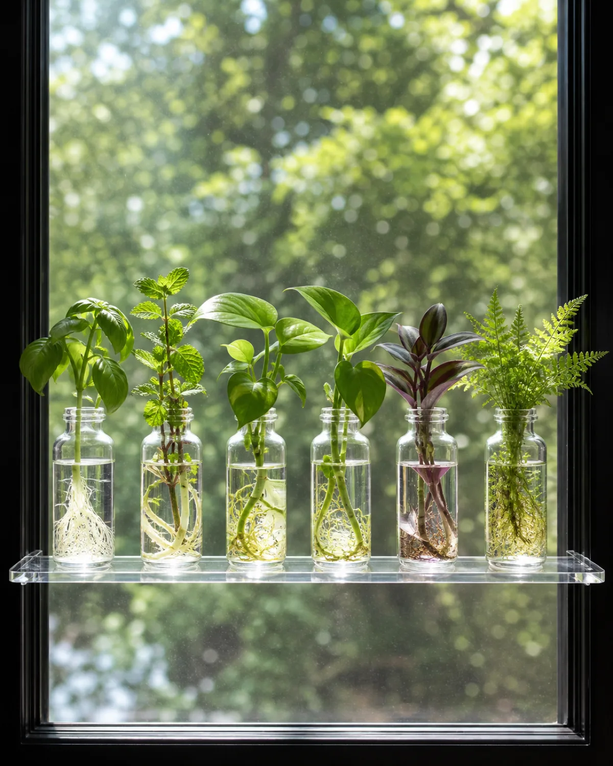 A clear acrylic shelf spanning the width of a window frame at mid-height holding a row of six small identical clear glass bottles each with a herb or plant cutting in water with natural daylight streaming through the window behind creating a dramatic backlit silhouette effect showing the roots and stems in beautiful detail