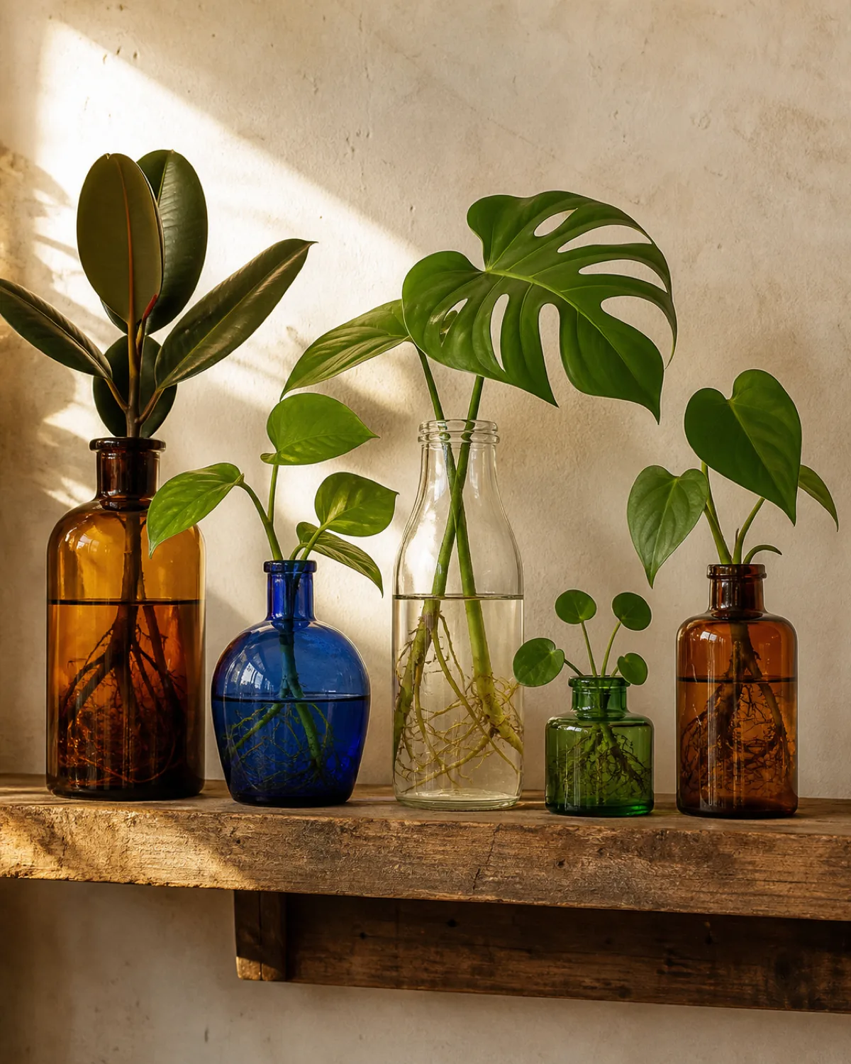 A collected assortment of five vintage glass bottles of different shapes colors and sizes arranged on a rustic wooden floating shelf including a tall amber pharmacy bottle with a rubber plant cutting a round cobalt blue bottle with a pothos cutting a clear antique milk bottle with a monstera cutting a small green glass inkwell with a pilea pup and a squat brown medicine bottle with a philodendron cutting