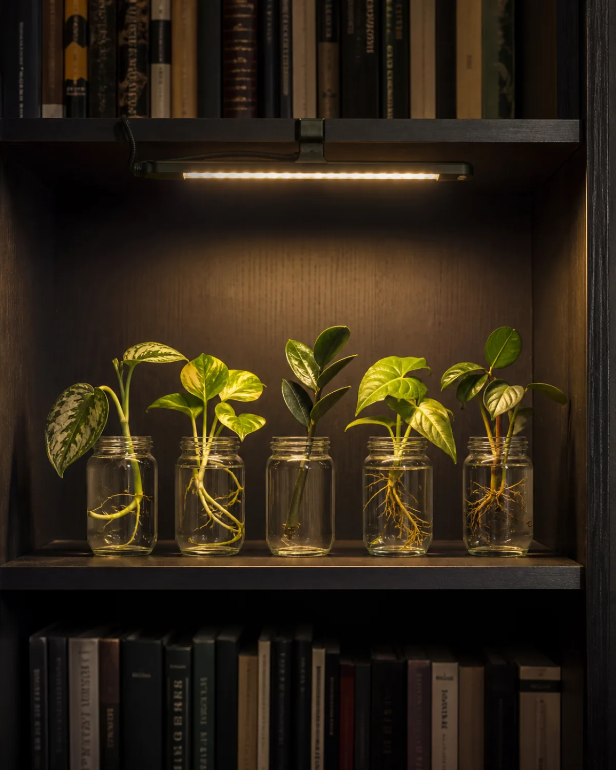 A small propagation shelf station on a dark bookshelf with a clip-on LED grow light attached to the shelf above the warm white light illuminating five small glass jars below each containing a plant cutting with roots growing in water creating a pool of bright warm light in an otherwise dim bookshelf corner