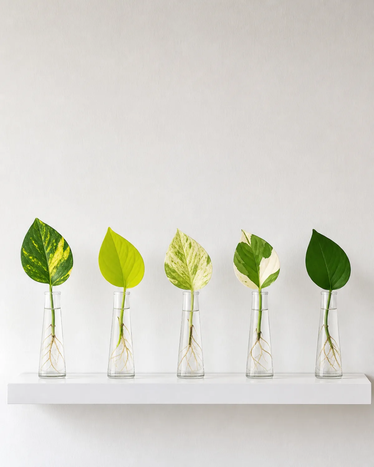 Five identical slender clear glass bud vases in a perfectly spaced row on a long narrow white floating shelf each vase containing a single cutting of a different pothos variety creating a botanical color gradient from warm golden to bright chartreuse neon to white-dominant marble queen to crisp block Njoy and solid dark green jade