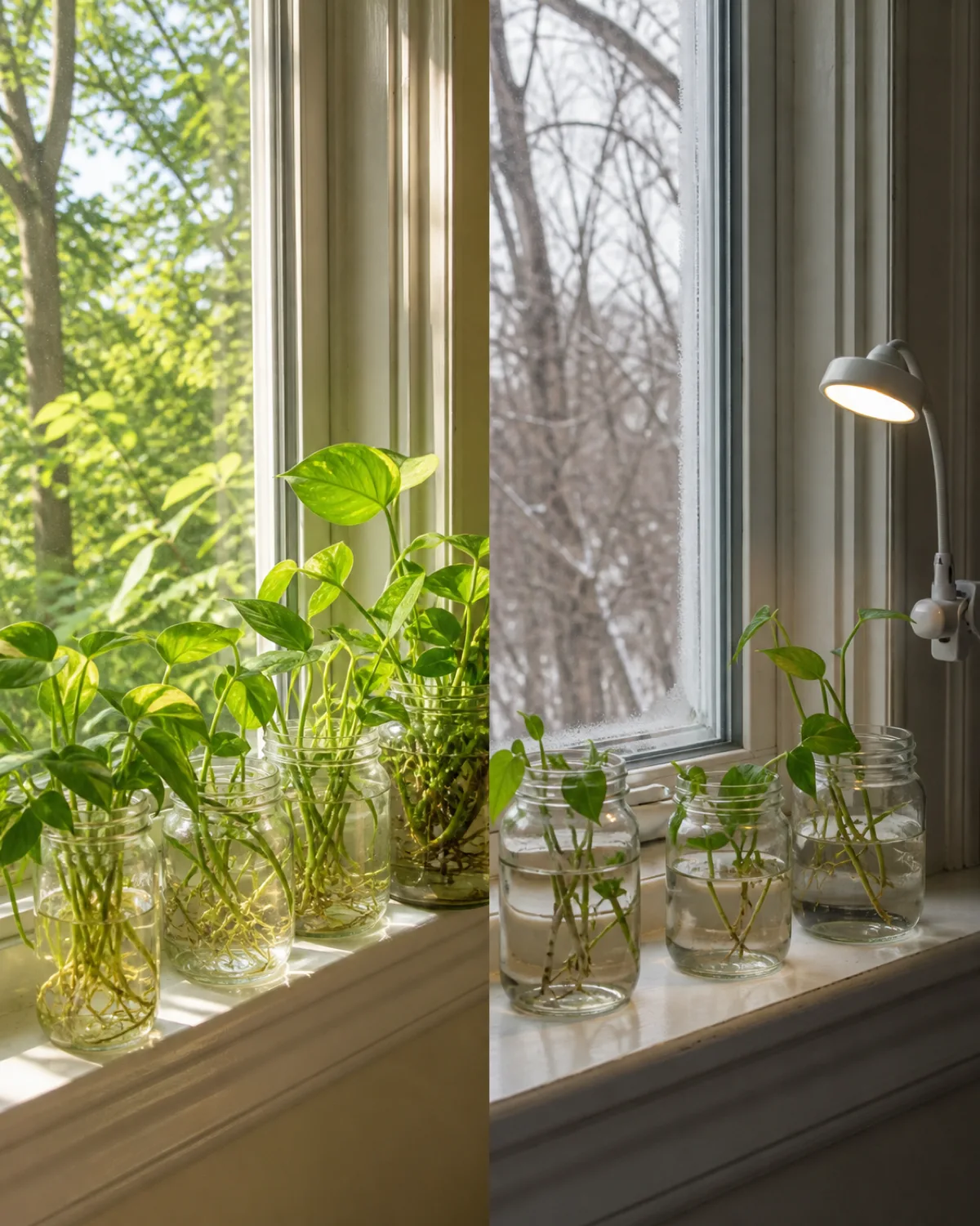 A split-view composition showing the same windowsill propagation station in two seasons with the left side showing a lush summer scene with bright green cuttings in jars with vigorous root growth and strong golden sunlight streaming in and the right side showing a winter scene with fewer cuttings and a small clip-on grow light supplementing grey winter light through a frost-edged window