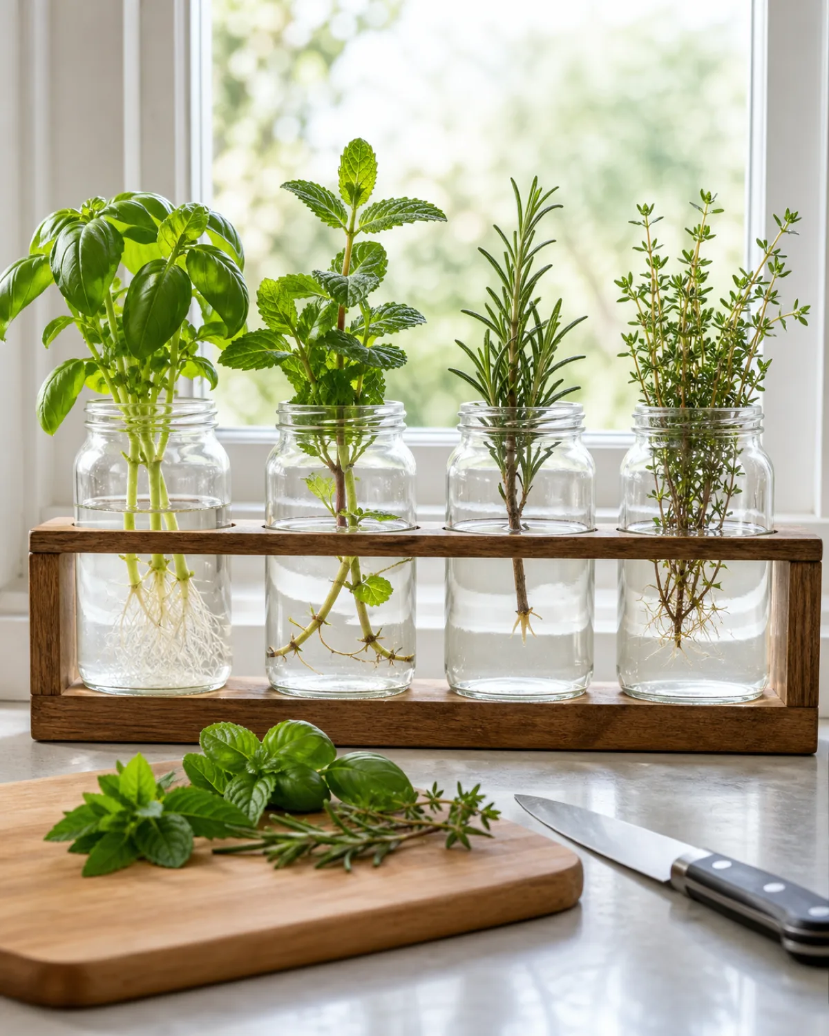 A bright kitchen windowsill with four small clear glass jars in a wooden holder each jar containing a different herb cutting rooting in water including basil with abundant white roots mint with runners extending in the water rosemary with just tiny root nubs emerging and thyme with delicate small roots with a cutting board and fresh herbs visible on the counter below