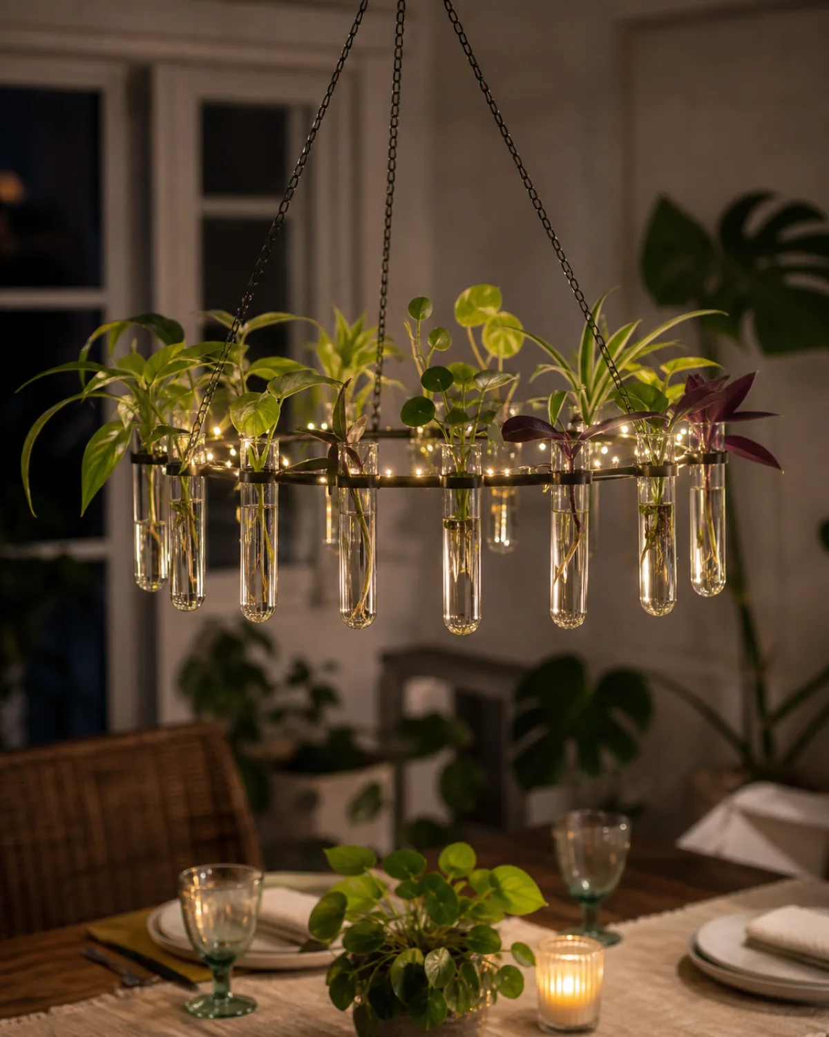A circular metal ring about eighteen inches in diameter suspended from the ceiling by three thin chains holding twelve glass test tubes arranged around the ring in small wire loops each tube filled with water and a different small cutting with growing roots with a thin string of warm LED fairy lights woven around the ring illuminating the tubes from behind hanging over a dining table