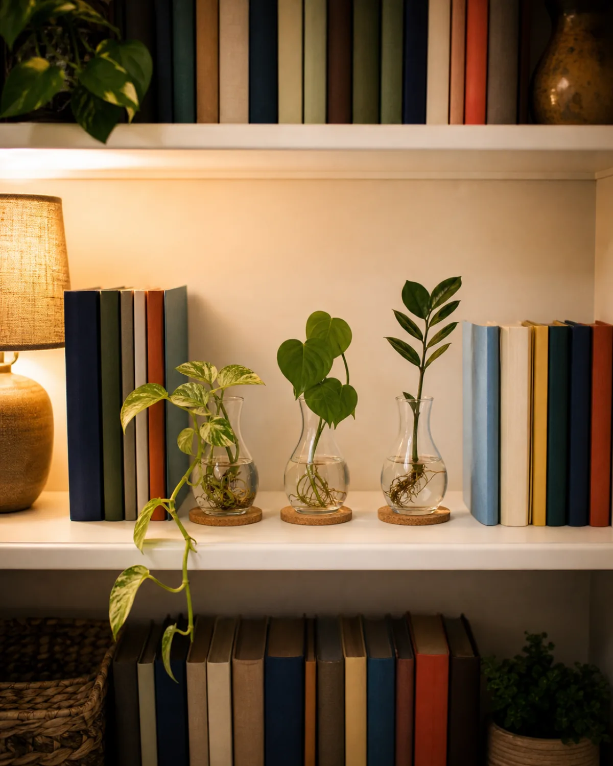 A section of a built-in bookshelf with one shelf at eye level partially cleared with three matching clear glass vases placed between books each vase containing a plant cutting with visible roots in water including a pothos trailing slightly over the shelf edge a philodendron heartleaf and a ZZ stem with a small cork coaster under each vase