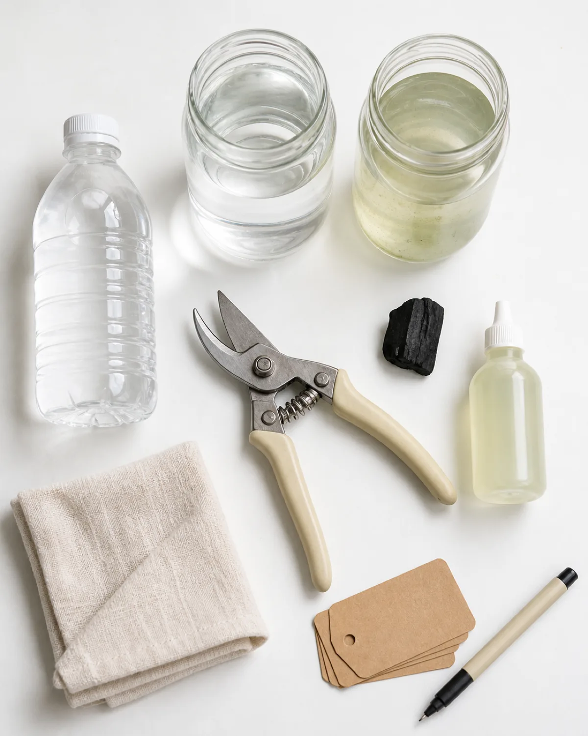 A flat-lay arrangement on a clean white surface showing essential propagation station maintenance supplies including a small bottle of distilled water a pair of clean sharp pruning shears a small chunk of activated charcoal a quarter-strength liquid fertilizer bottle a soft cloth for cleaning glass small kraft paper labels and a fine-tip pen and one jar of fresh clean water next to another jar with slightly cloudy greenish water