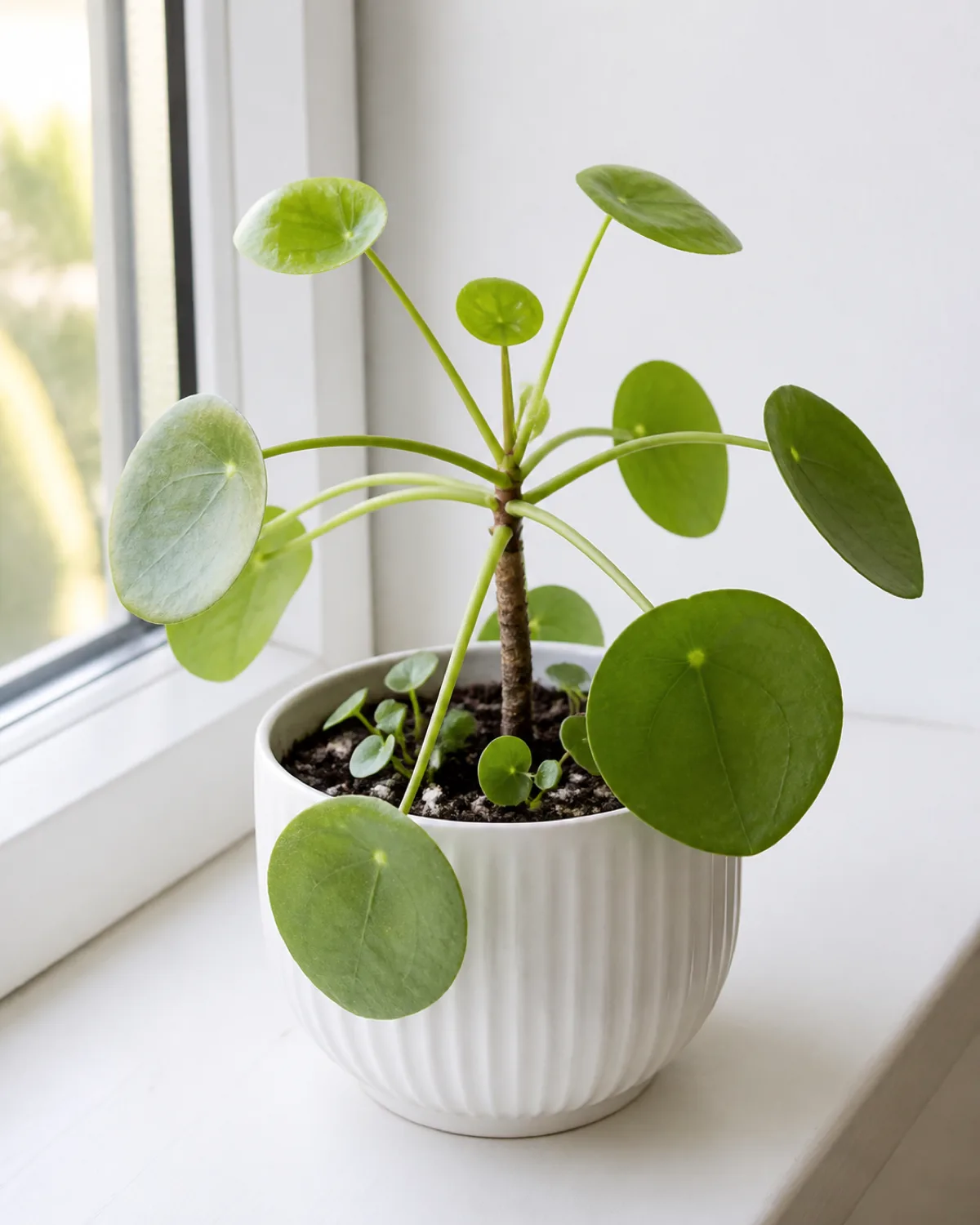 A Pilea peperomioides Chinese money plant in a small white ceramic pot on a bright windowsill showing characteristic round flat disc-shaped leaves on thin straight petioles about eight inches tall with small pup offsets visible at the soil surface bright indirect natural light