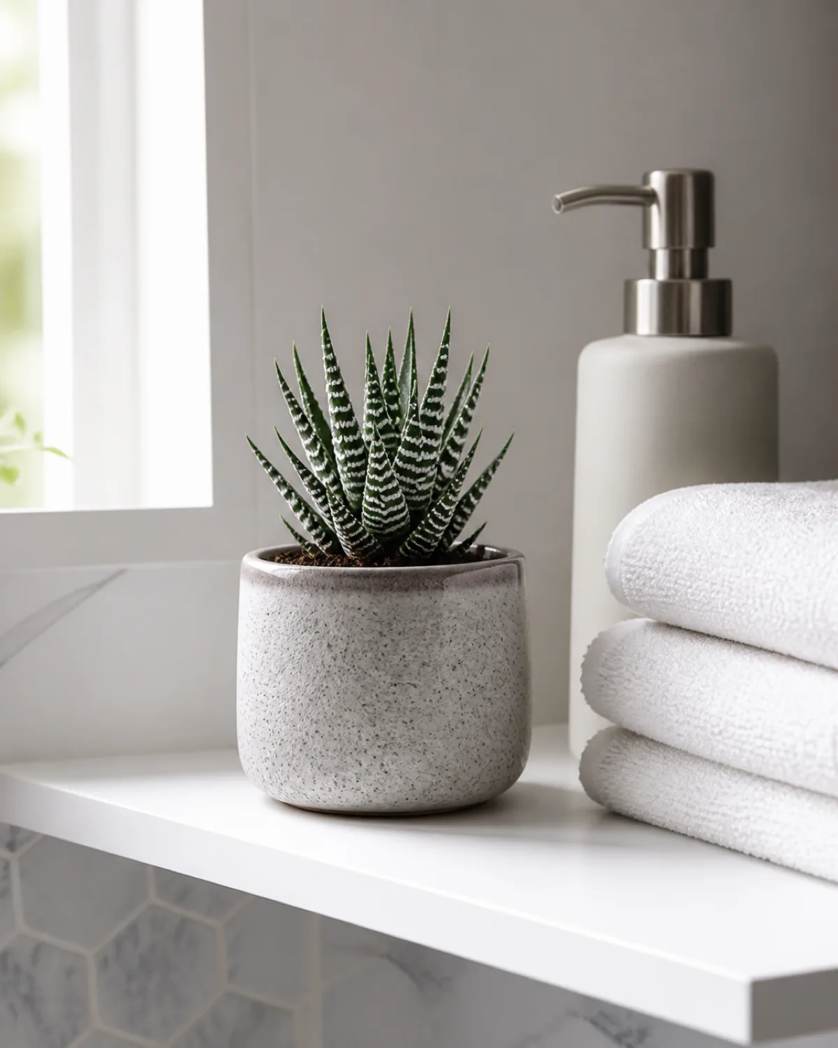 A small Haworthia fasciata zebra plant in a speckled grey ceramic pot on a bright bathroom shelf next to neatly folded white towels and a small soap dispenser about four inches tall showing distinctive dark green leaves with raised white horizontal stripes and translucent window tips