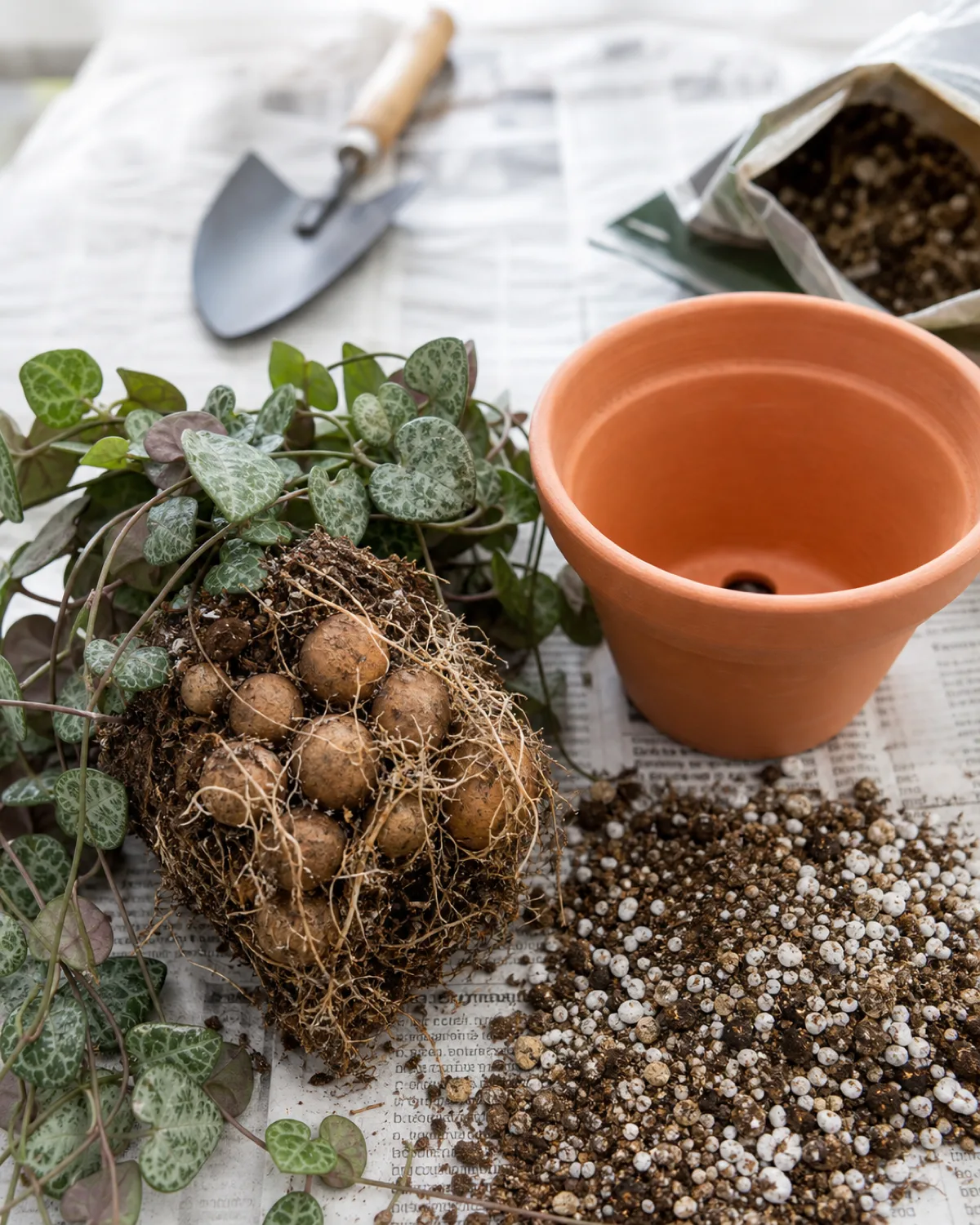 A string of hearts root ball removed from its pot showing a cluster of round brown tubers at the base like small potatoes with thin roots and a new terracotta pot nearby with well-draining soil mix showing perlite and coarse sand