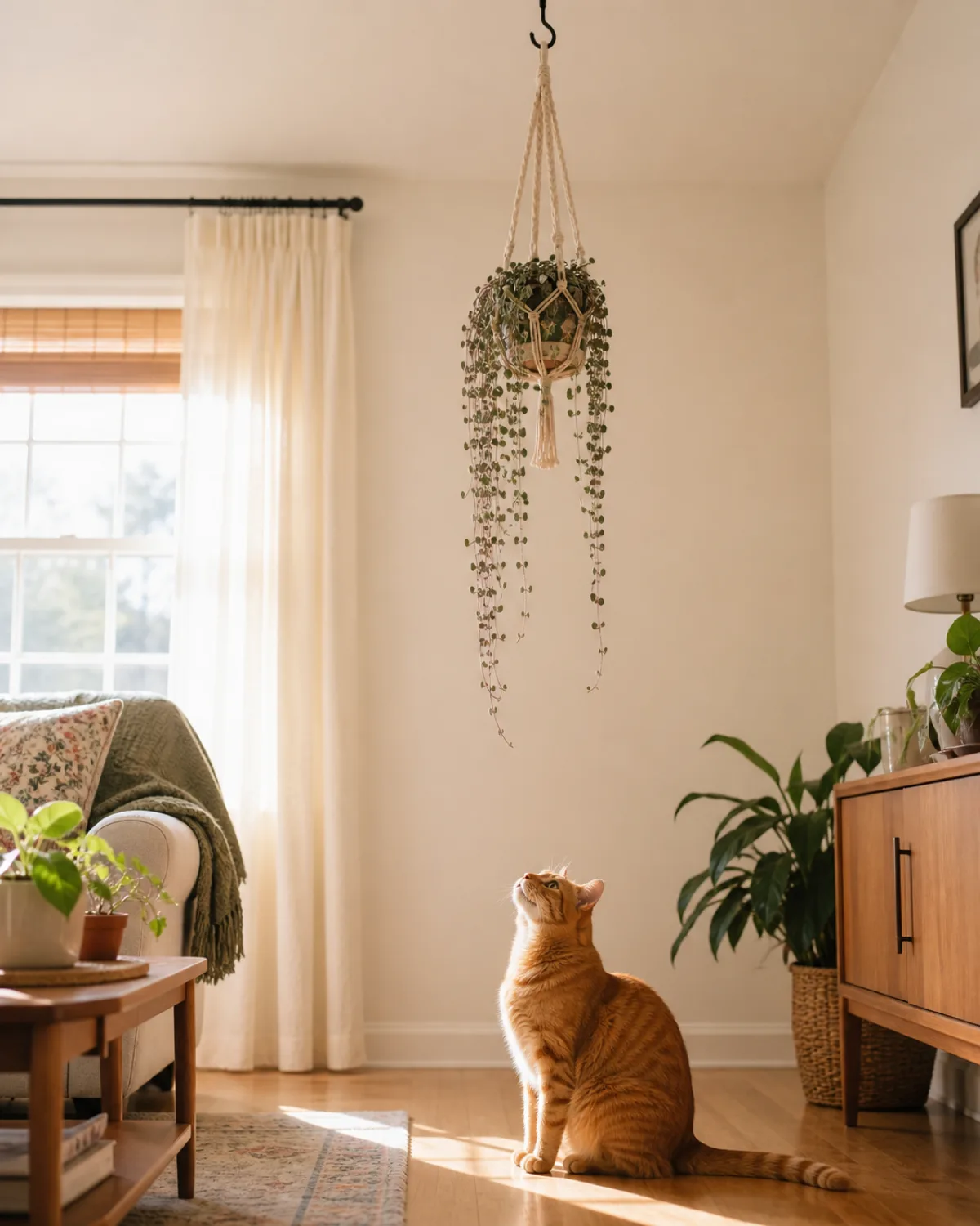 Cozy living room with a string of hearts hanging high from a ceiling hook in a macrame hanger well out of reach of a curious orange tabby cat sitting on the floor below looking up at the trailing vines in warm afternoon light