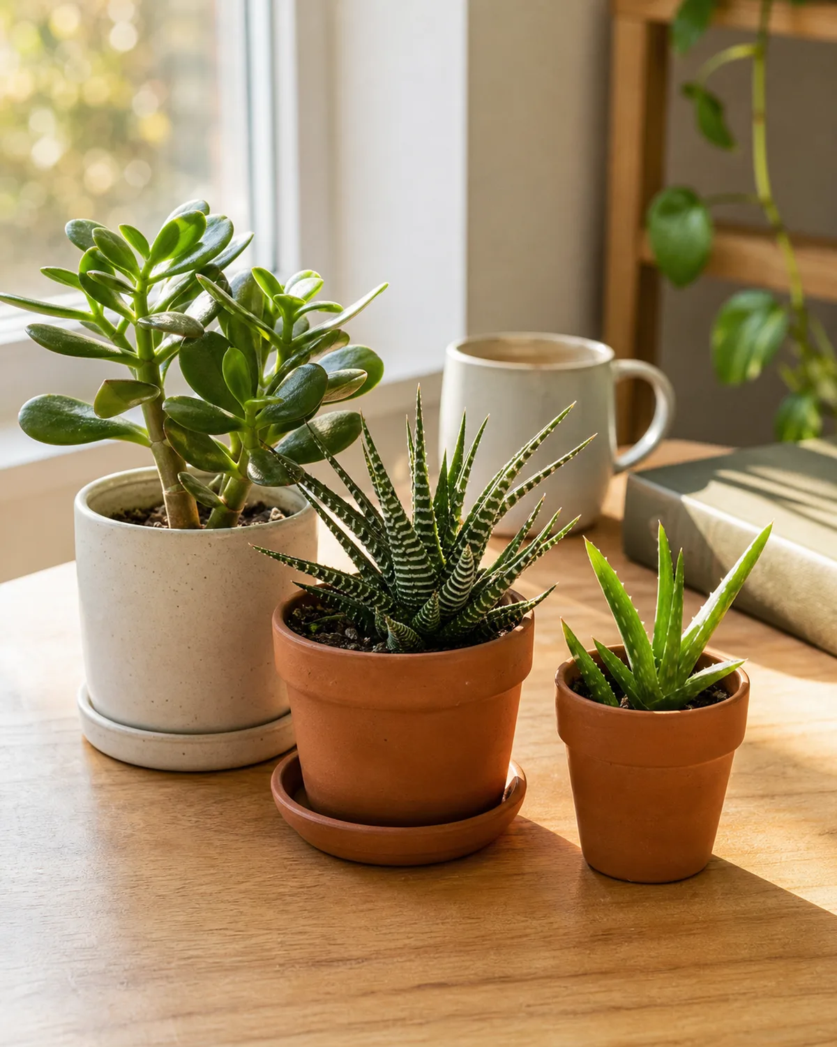 Three beginner-friendly succulents on a bright desk near a window including a jade plant in a cream pot a Haworthia fasciata in terracotta and a small Aloe vera in clay with a coffee mug and book in the background