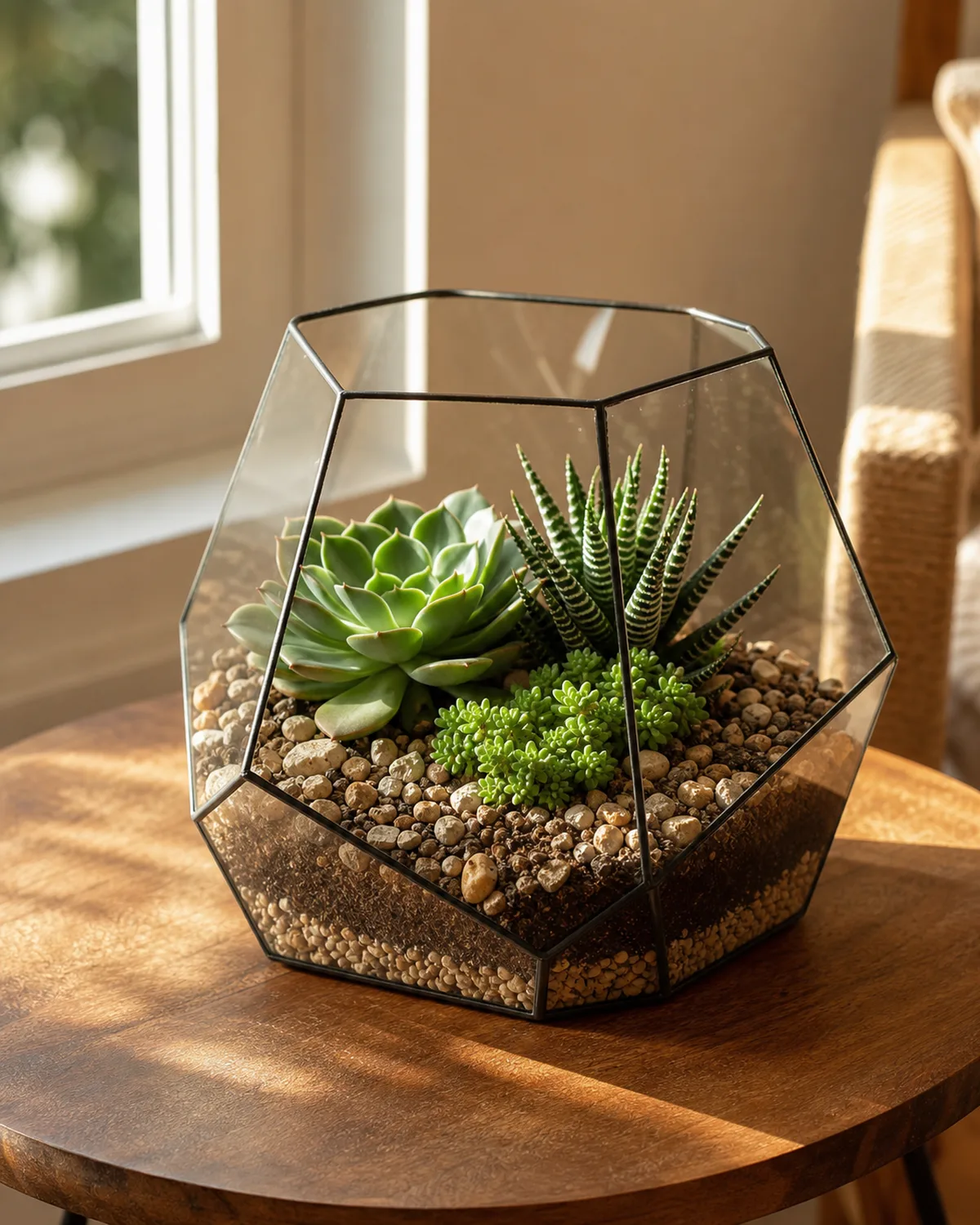 An open-top glass geometric terrarium containing a miniature succulent arrangement with an Echeveria Haworthia and Sedum in layers of pebbles and gritty soil on a side table near a bright window