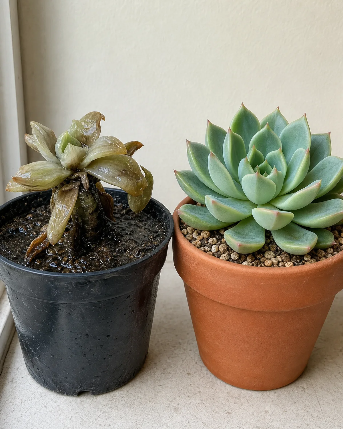 A split comparison showing a severely overwatered succulent with translucent mushy leaves and blackened stem in soggy soil next to a healthy plump Echeveria in dry gritty soil in terracotta