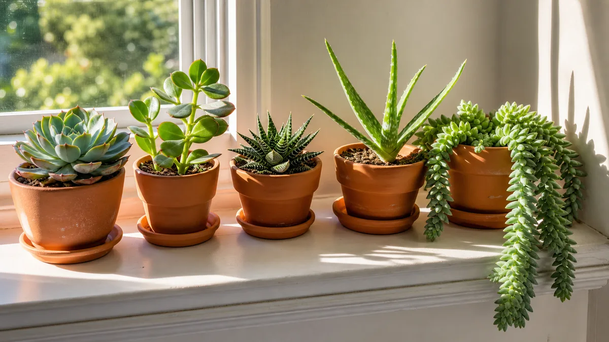 A bright windowsill arrangement of different succulents in small terracotta pots including an Echeveria rosette a jade plant a Haworthia an Aloe and a trailing Sedum burros tail in direct morning sunlight