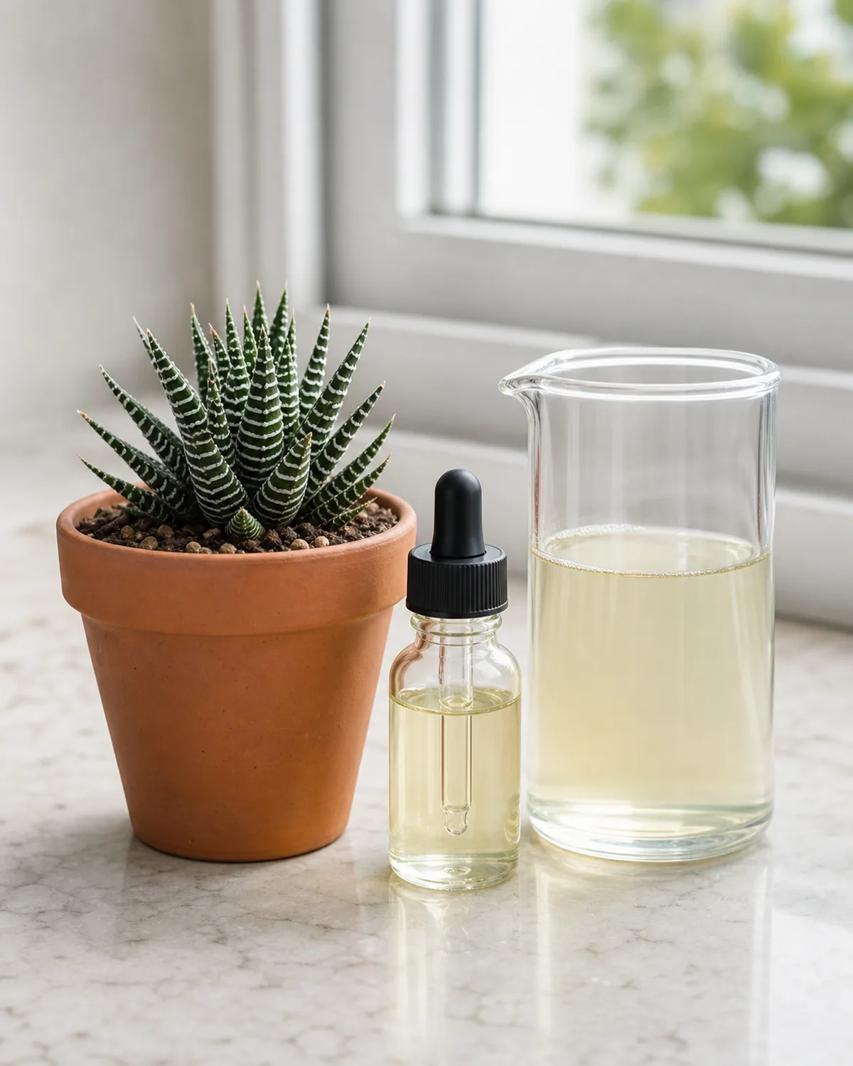 A dropper bottle of diluted fertilizer next to a Haworthia fasciata in a terracotta pot with a glass container showing the pale diluted liquid at quarter strength