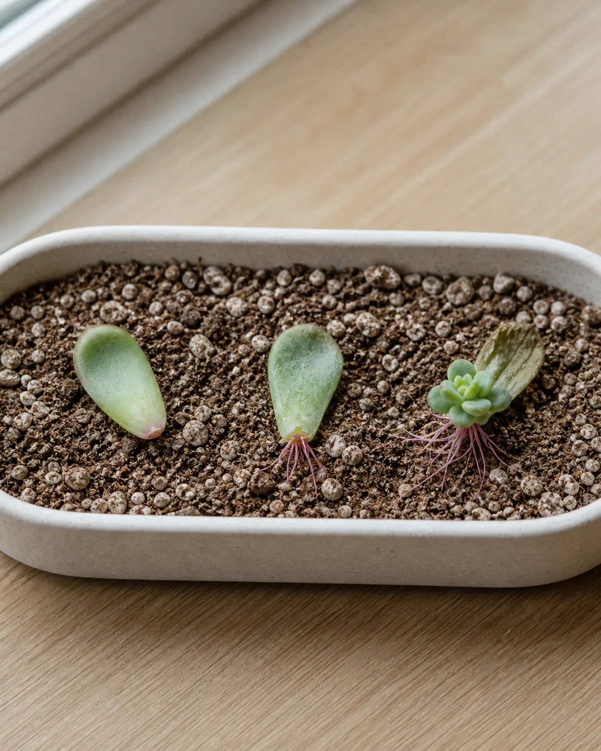 Stages of succulent leaf propagation on a tray of dry gritty soil from a freshly detached Echeveria leaf to one with tiny pink roots to a miniature rosette growing while the mother leaf shrivels