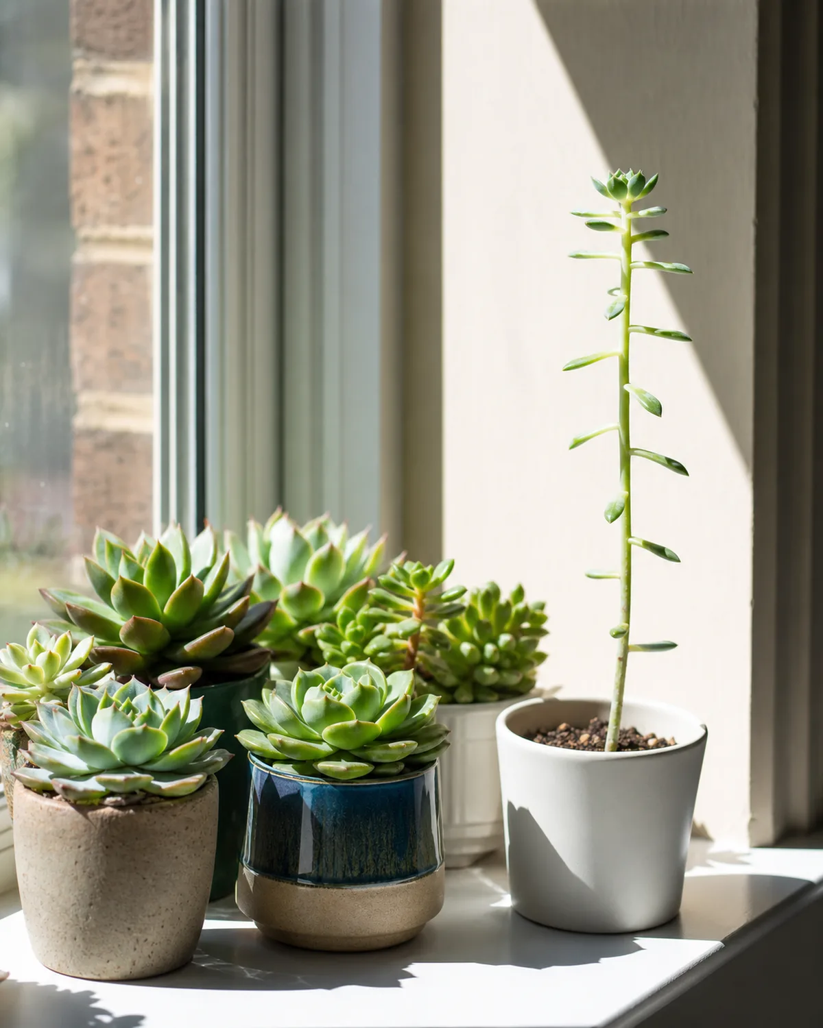 A south-facing windowsill with healthy compact succulents showing tight rosettes next to one etiolated succulent that has stretched tall and leggy showing the contrast between correct and insufficient light
