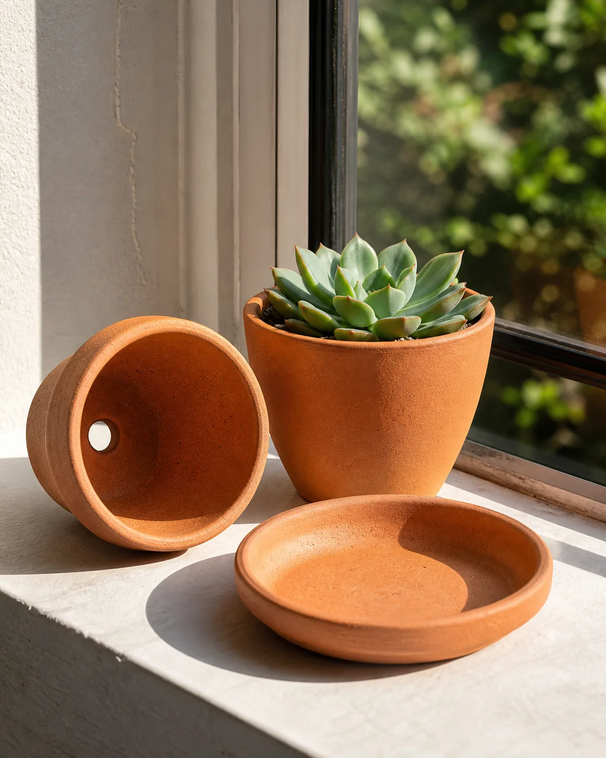 Three terracotta pots of different sizes on a sunny windowsill one with a healthy Echeveria in a snug fit one empty showing the drainage hole and one shallow dish shape