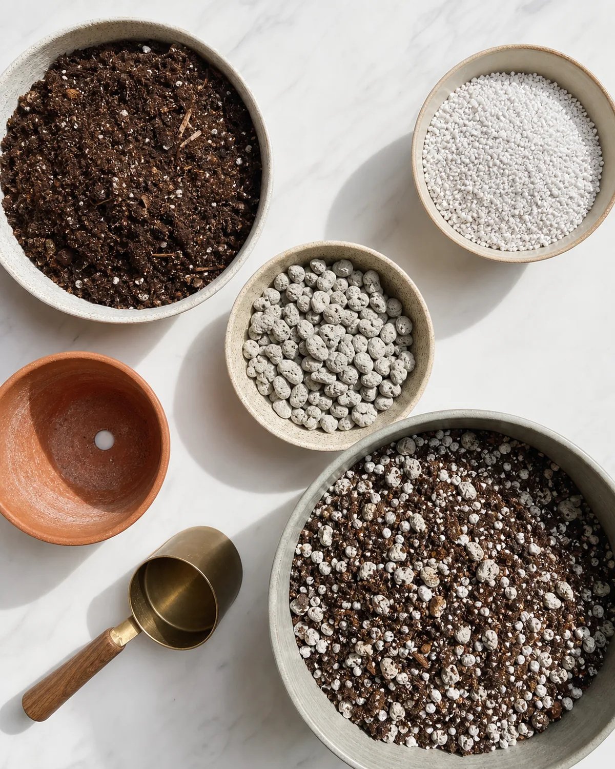 Top-down flat lay of succulent soil ingredients being mixed with bowls of potting soil perlite and pumice a terracotta pot a scoop and the final gritty mixed soil