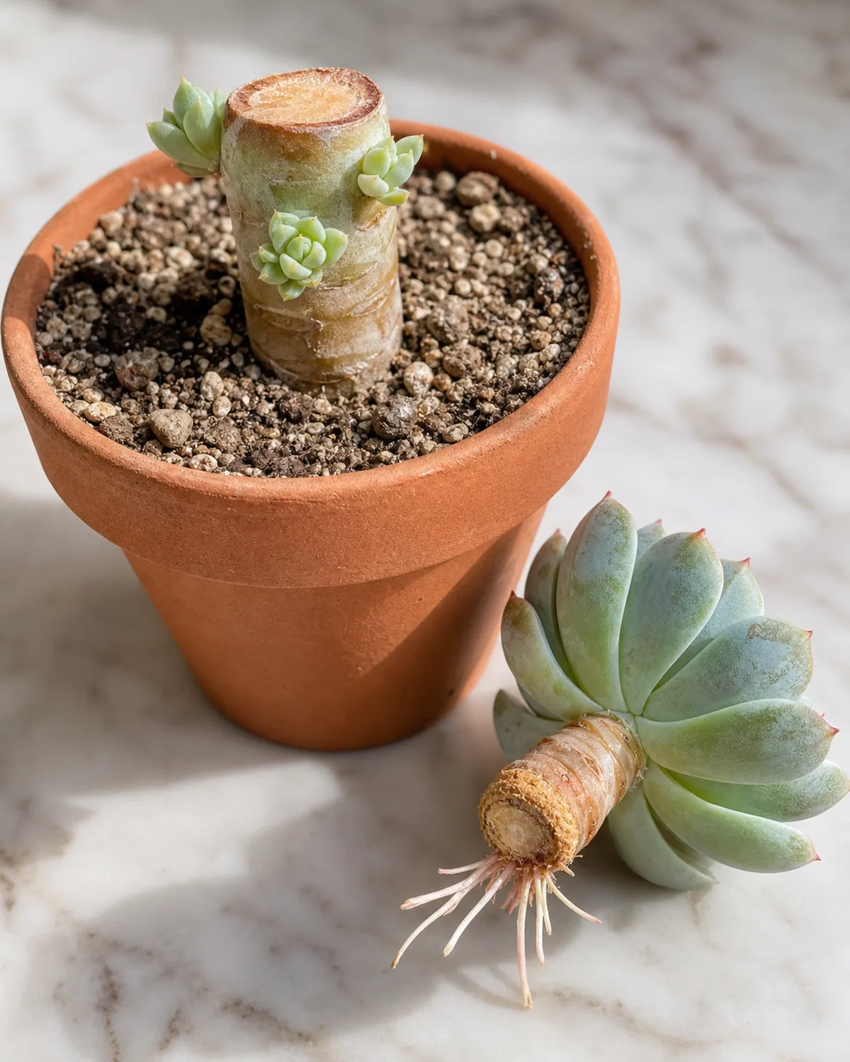 A beheaded Echeveria stump with new rosettes sprouting beside the cut top rosette sitting on dry soil with new roots forming showing both halves of the beheading technique