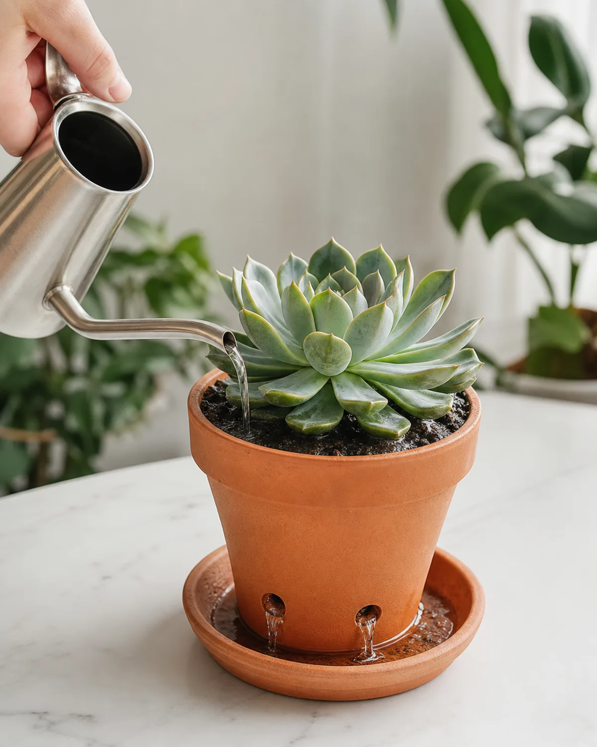 A hand pouring water from a narrow-spout watering can into a terracotta pot with a healthy Echeveria showing water pouring out of drainage holes into a saucer below