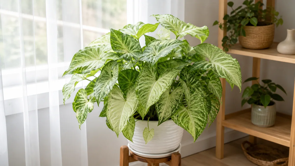 A lush mature syngonium podophyllum White Butterfly with variegated green and cream arrow-shaped leaves in a white ceramic pot on a wooden plant stand next to a bright window with soft natural light