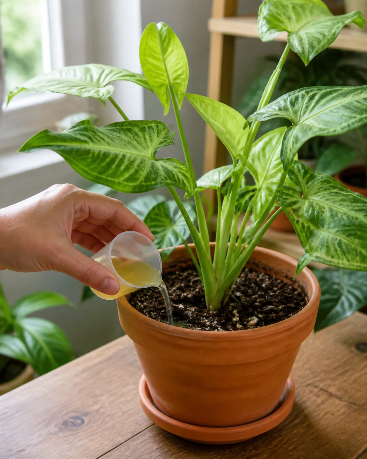 A hand pouring diluted liquid fertilizer from a small measuring cup into the soil of a syngonium plant in a terracotta pot during spring, the plant showing vigorous new growth with light green unfurling leaves