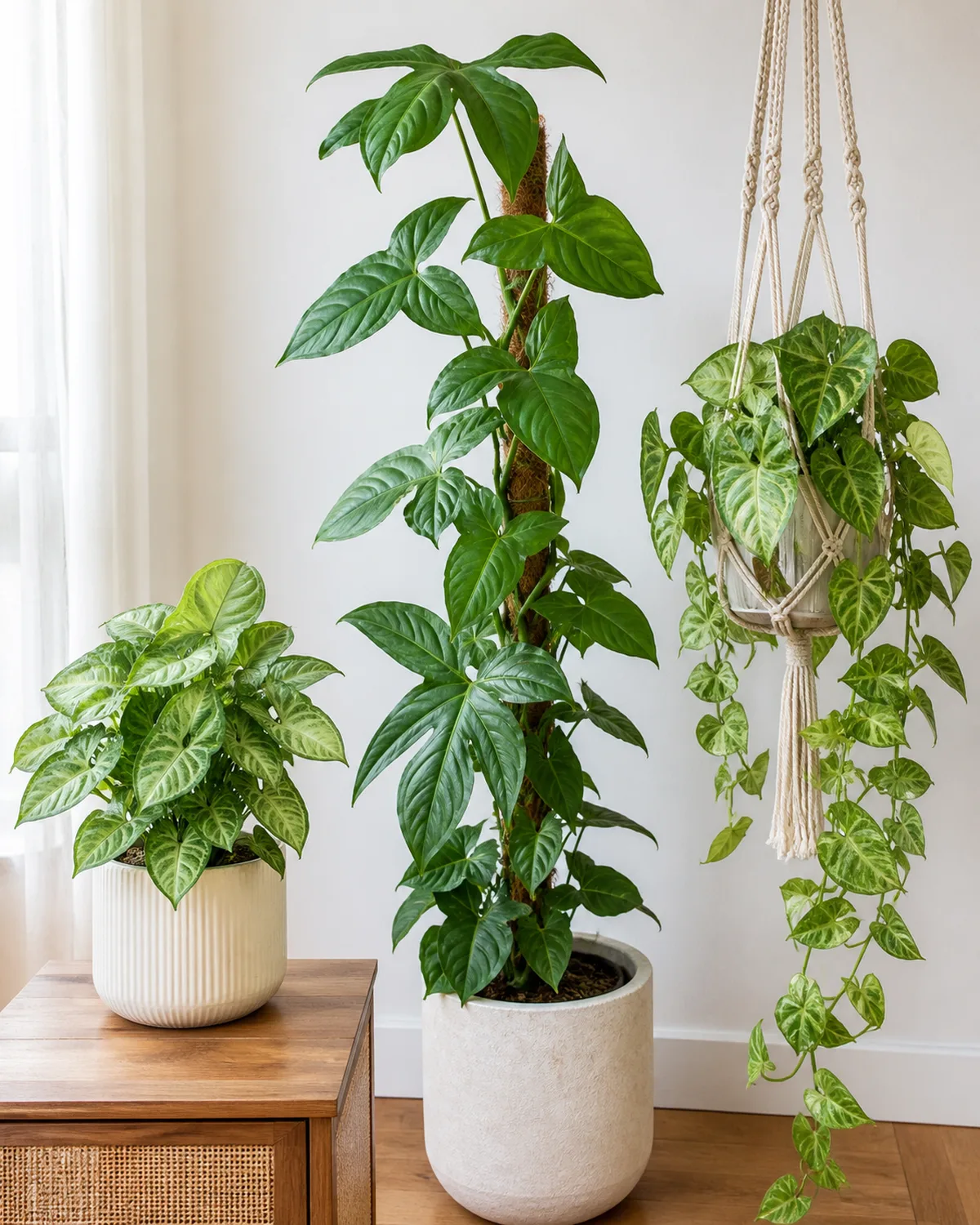Three syngonium growth forms side by side: a compact bushy one in a small pot, a climbing one ascending a moss pole with large lobed mature leaves, and a trailing one cascading from a hanging macrame planter