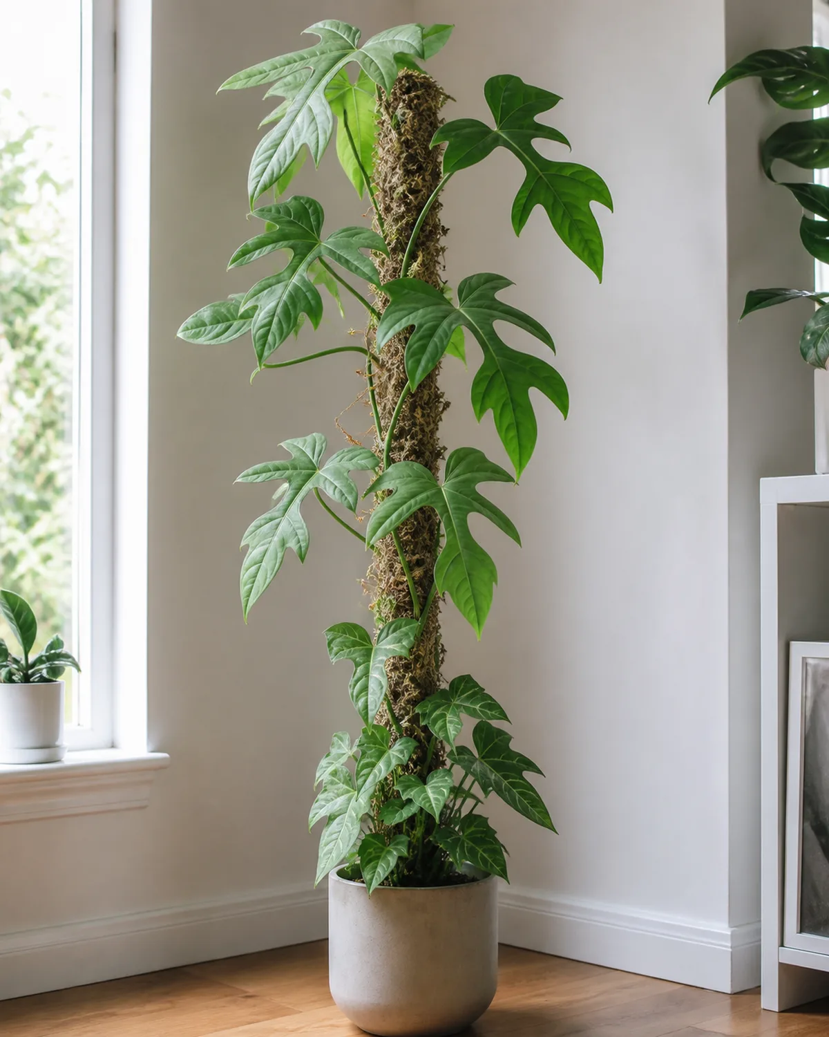 A single syngonium plant on a tall moss pole showing the dramatic leaf shape change from juvenile compact arrow-shaped leaves at the base to large deeply lobed five-segment mature leaves at the top
